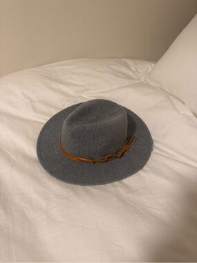 Grey Knit Fedora Hat with Brown Band